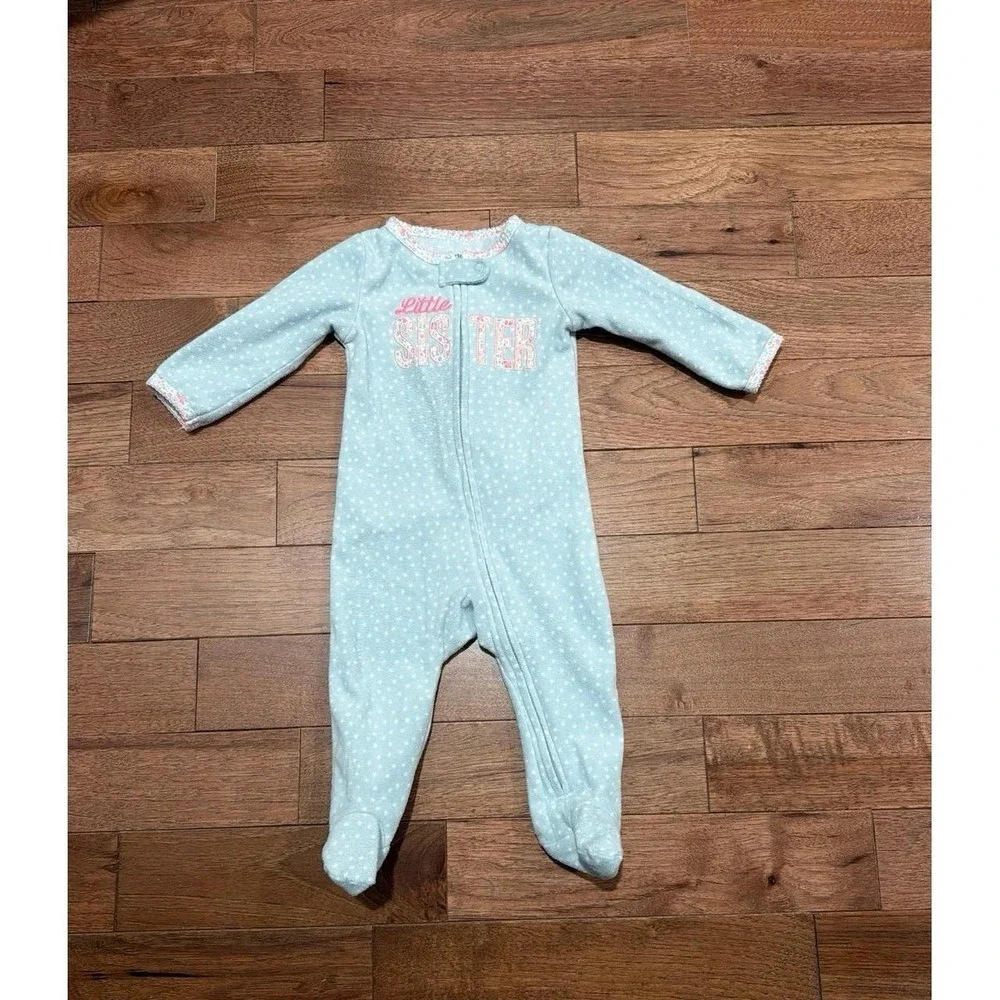 Carters Little Sister Fleece Sleeper Blue Polka Dots  Footed Jamines Zipper 9 Mo